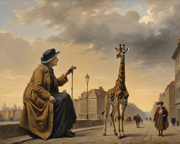 Grandmotherly Woman and Giraffe in Urban Dusk Scene