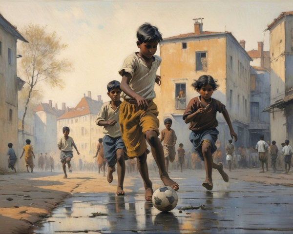 Boys Playing Soccer on a Sunlit Rain-Soaked Street