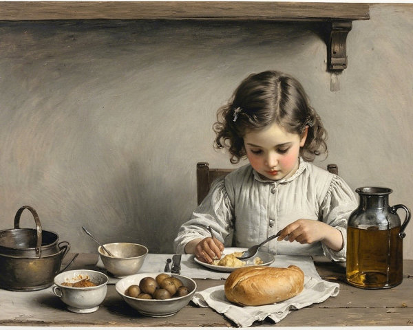 Young girl slicing bread in a rustic setting