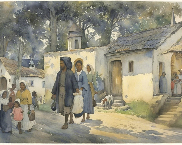 Serene Village Scene with Traditional Activities and Homes