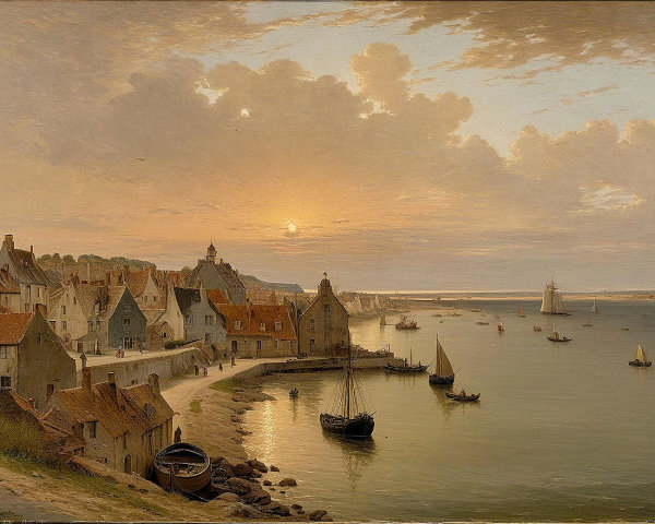 Serene Coastal Village at Sunset with Warm Hues