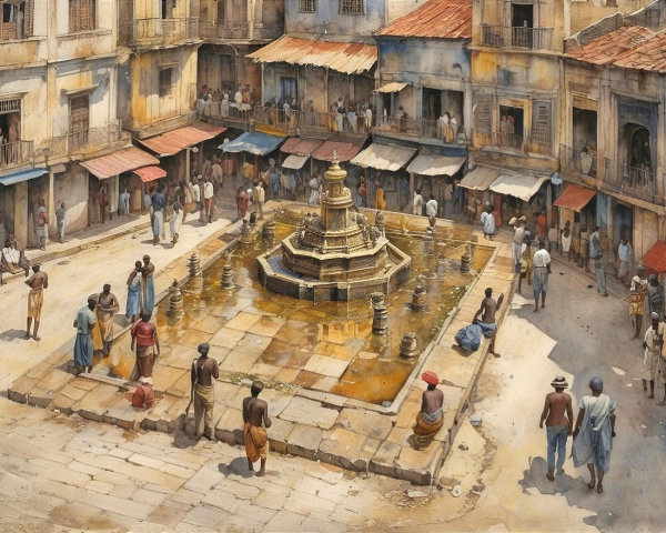 Bustling square with central fountain and colorful stalls