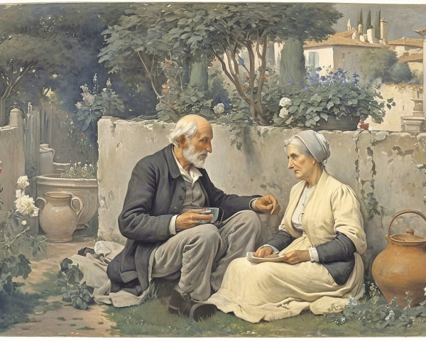 Elderly Couple in Garden Surrounded by Nature's Beauty