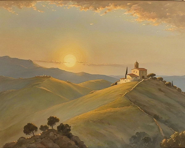 Serene Landscape with Hills and Sunset Over Church