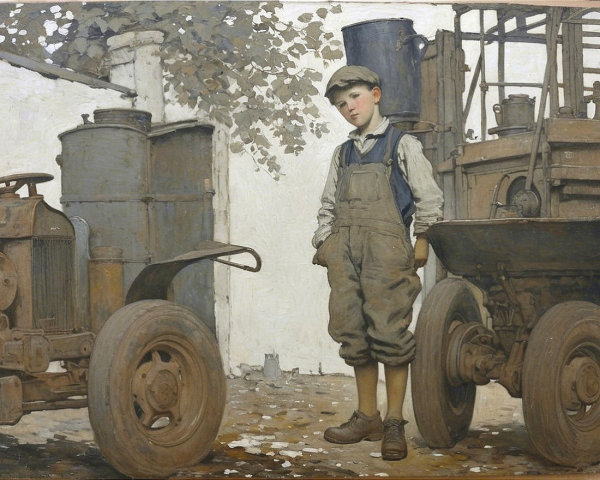 Young Boy in Overalls Amidst Vintage Machinery