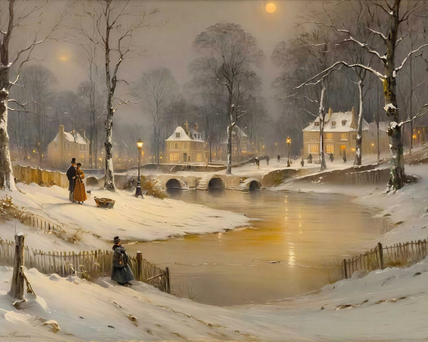 Winter Landscape with Snow-Covered Village at Night