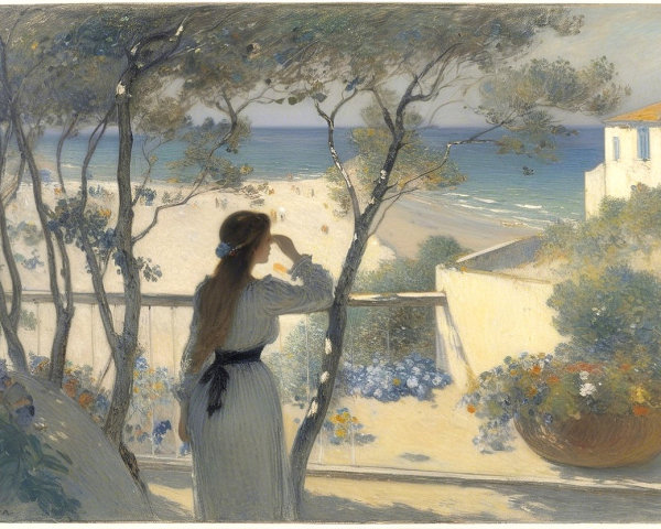 Coastal Scene with Woman on Flower-Adorned Balcony