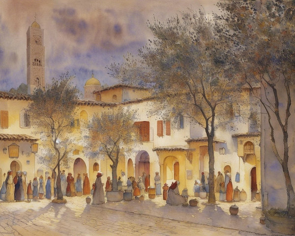 Serene village scene with warm buildings and olive trees