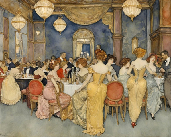 Elegant Ballroom with Vintage Attire and Lavish Decor