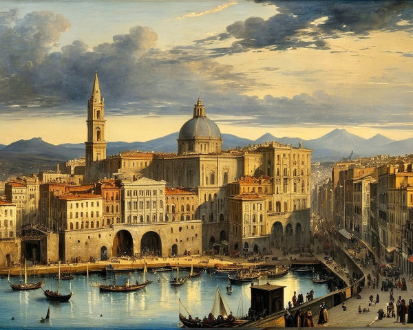 Vibrant Coastal Cityscape with Harbor and Hills