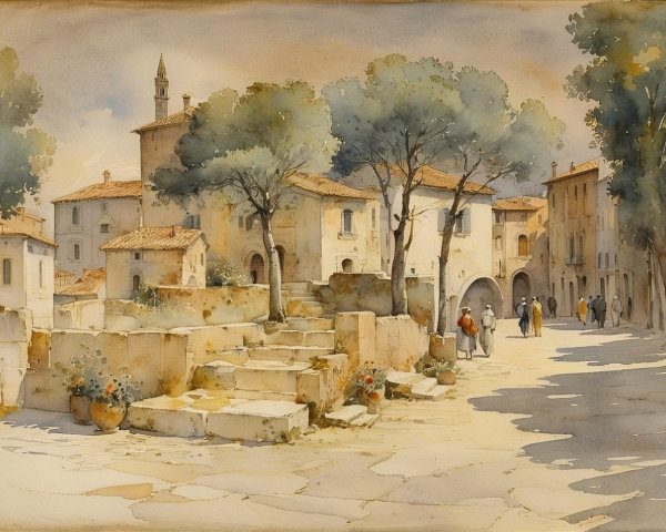 Impressionistic Watercolor of a Sunlit Mediterranean Village