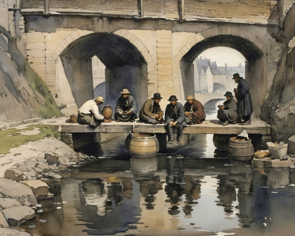 Historical Gathering by a River with Wooden Platform