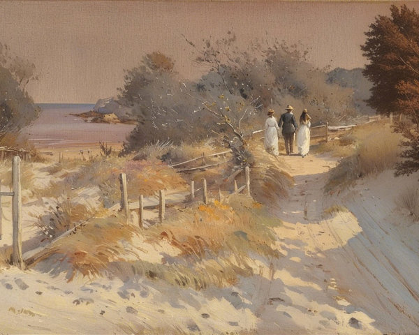 Coastal Scene with Figures on Sandy Path to Sea