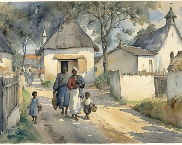 Watercolor Village Scene with Traditional Homes and People
