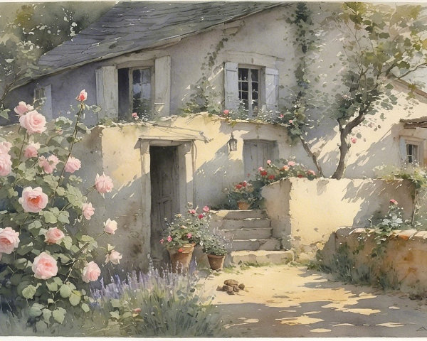 Rustic Cottage Surrounded by Roses and Lavender