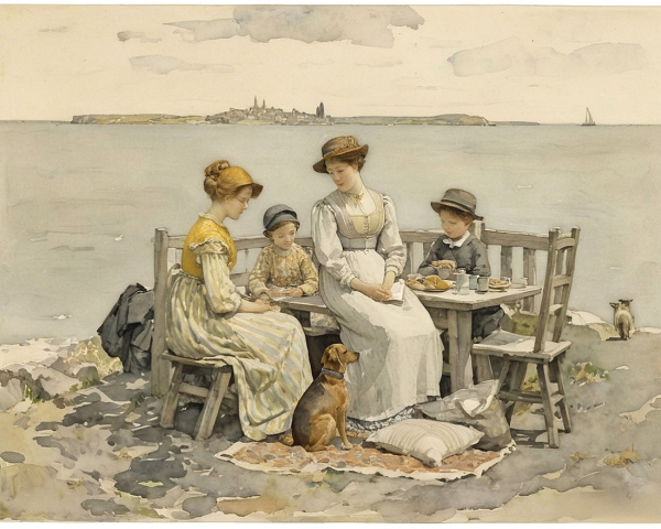19th-Century Picnic Scene by the Coastline