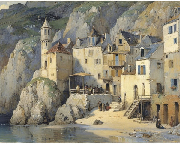 Serene Coastal Village with Cliffs and Beach Activities