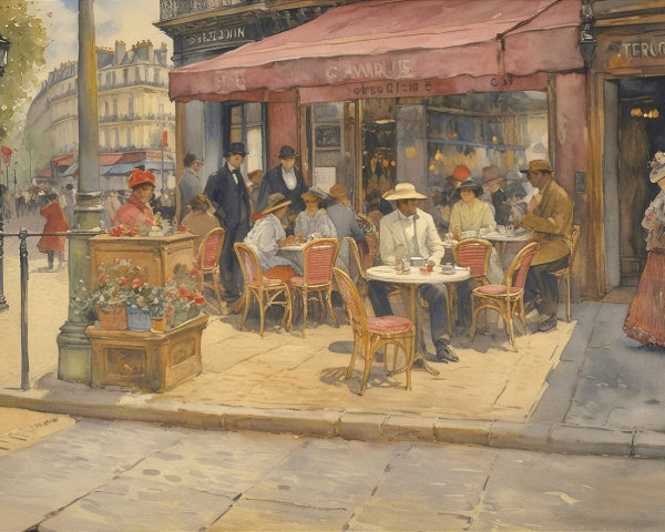 Vibrant Parisian Café Scene in Early 20th Century