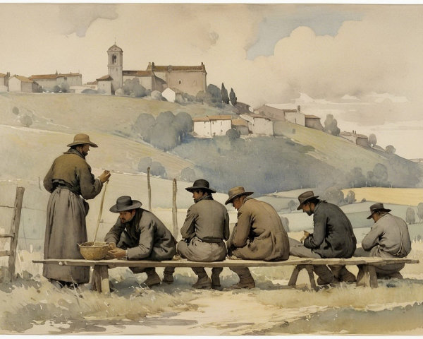 Serene Rural Scene with Men on a Bench and Hills