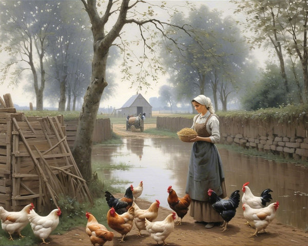 Countryside Scene with Woman and Chickens by Pathway