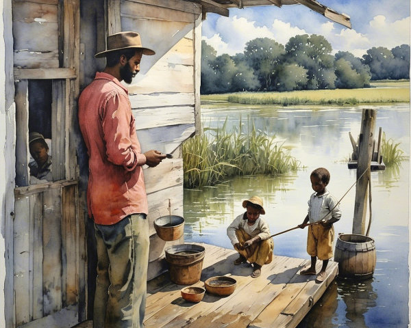 Man on Porch of Shack by Tranquil River Scene