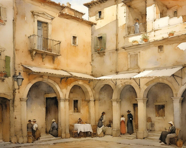 Serene Mediterranean Courtyard with Archways and Flowers