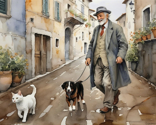 Elderly Man Walking Dog and Cat in Picturesque Village