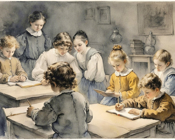 Watercolor Painting of Children Studying in Vintage Room