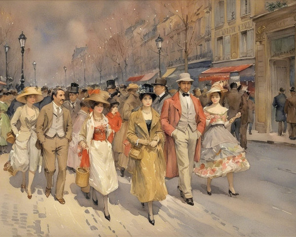 Watercolor Painting of a Bustling Parisian Street Scene