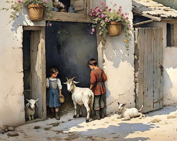 Children and Goat in a Rustic Rural Scene