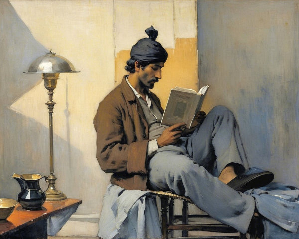 Man Reading in Cozy Interior with Soft Lighting