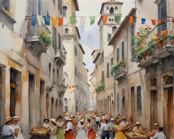 Vibrant City Street with Colorful Banners and Vendors