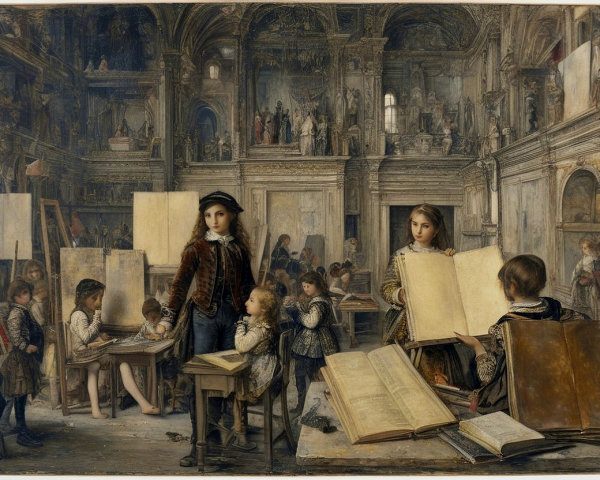 Historical Classroom Scene with Children Creating Art