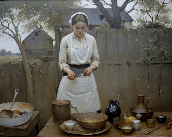Young Woman Prepares Food at Rustic Outdoor Table