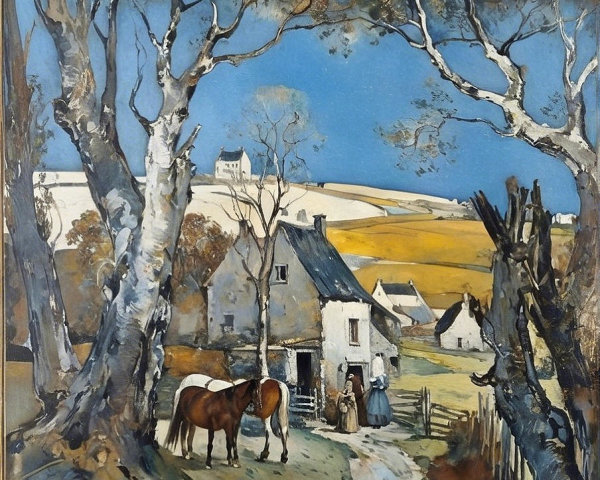Serene Rural Landscape with Cottage and Horses