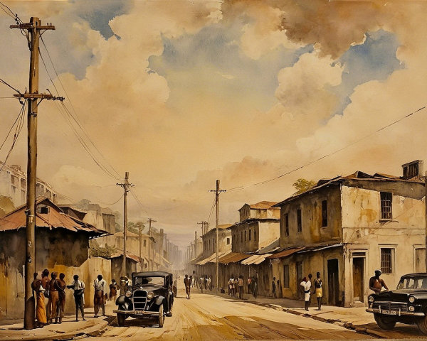 Vibrant Vintage Street Scene with Classic Car and People