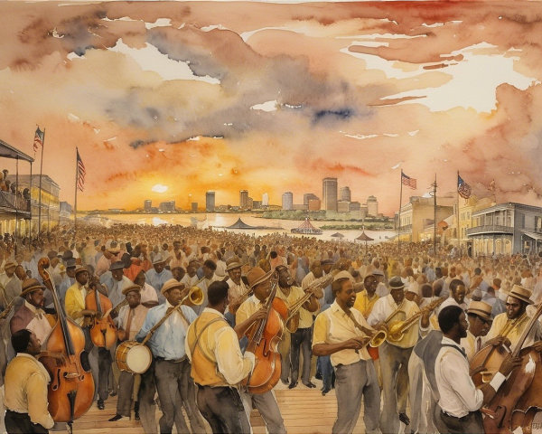Vibrant Outdoor Celebration with Musicians at Sunset