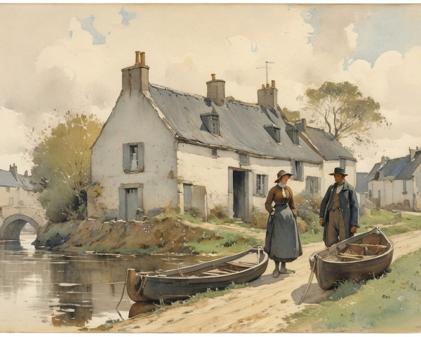 19th-Century Watercolor of Couple by Tranquil Waterside