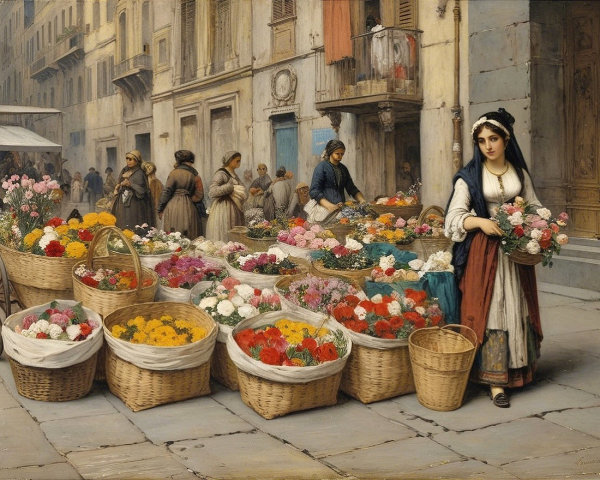 Vibrant Flower Trading in a Bustling Market Scene
