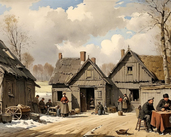 Snow-Dusted Village with Wooden Houses and Villagers