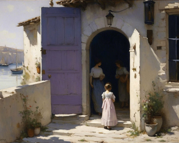 Charming Coastal Scene with Vibrant Purple Door