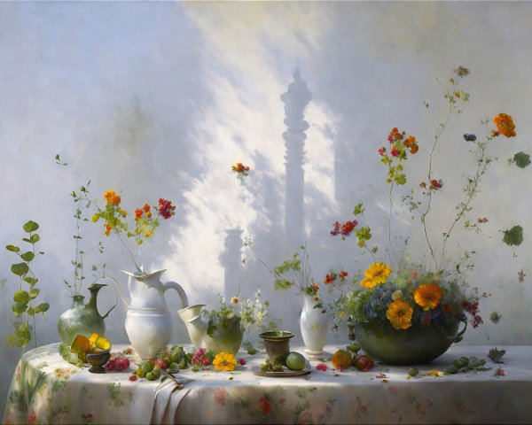 Still Life with Vibrant Flowers and Fruits in Ceramics