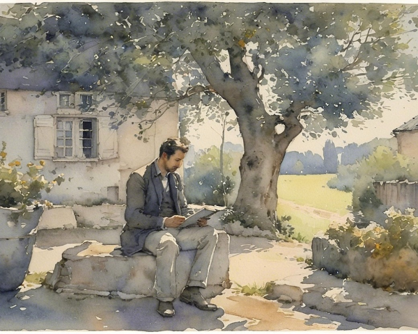 Man Reading on Bench in Lush Greenery Setting