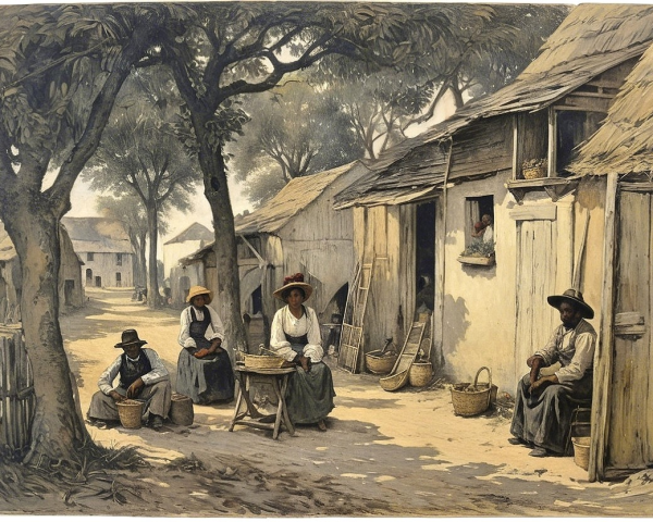 Serene village scene with figures and rustic houses