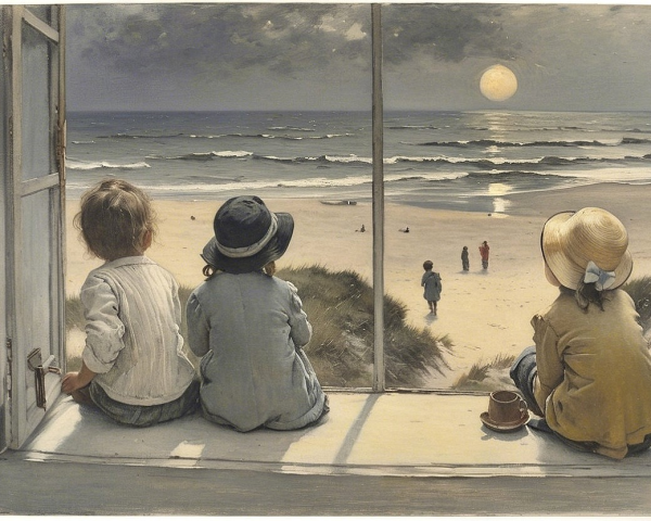 Children on Window Ledge Overlooking Moonlit Beach