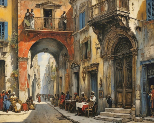Vibrant Sunlit Street in Historic Town with Arched Passageway