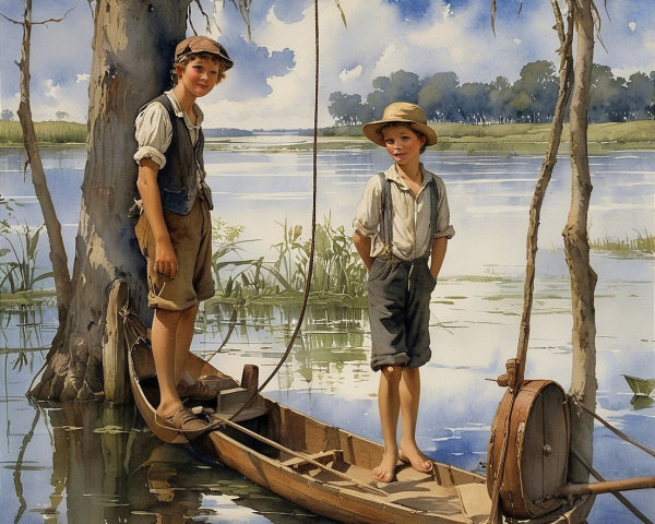 Boys on a Wooden Boat in a Serene Landscape