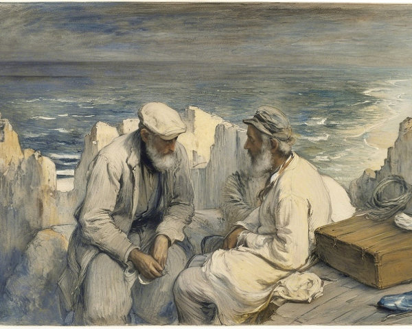 Elderly Men in Conversation by Serene Seaside Ruins