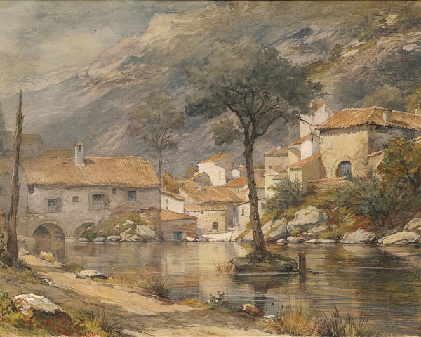 Watercolor Village Scene with Water Reflection and Path