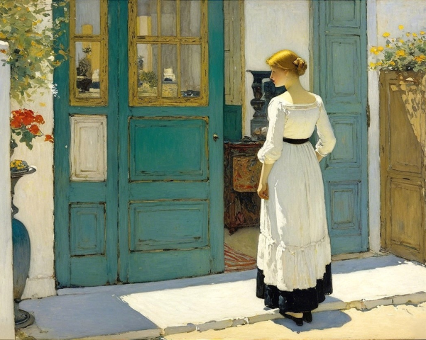 Young Woman by Turquoise Shutters in Sunlit Scene